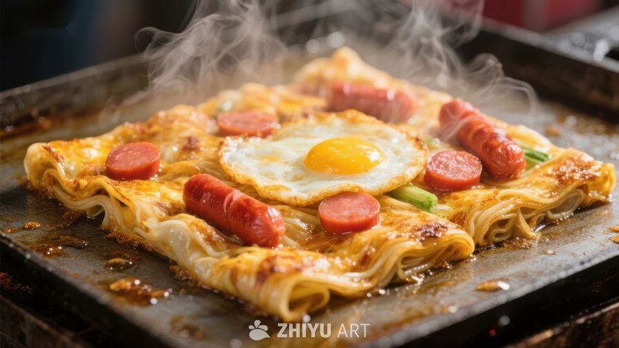 热气腾腾的煎饼配香肠和煎蛋