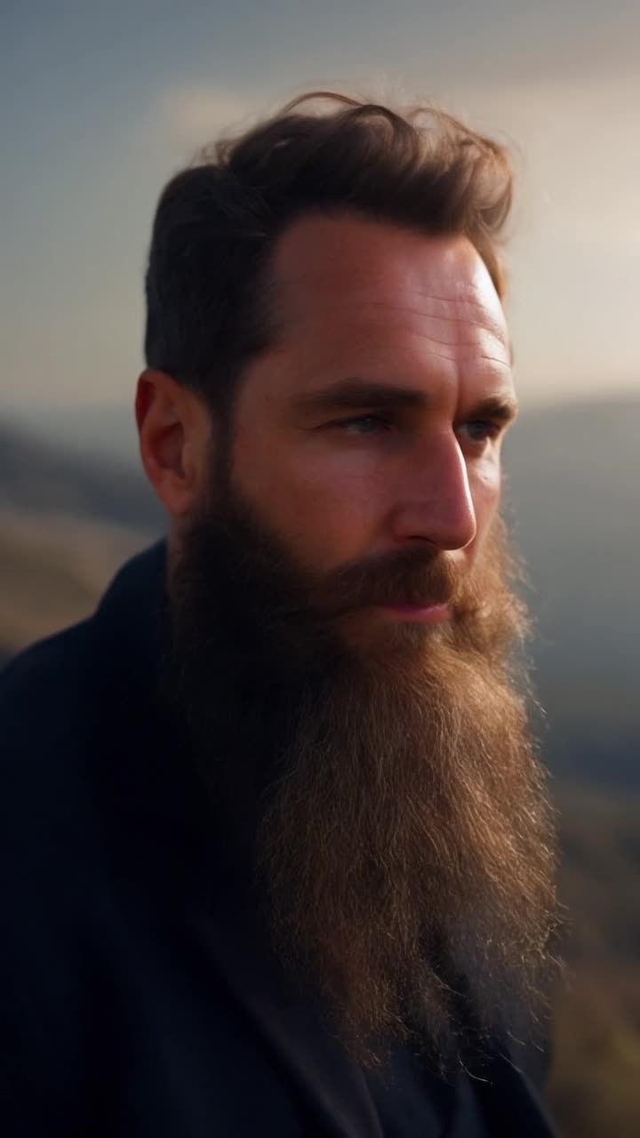 一个留着棕色长胡子的男人站在背景模糊的山上。男人穿