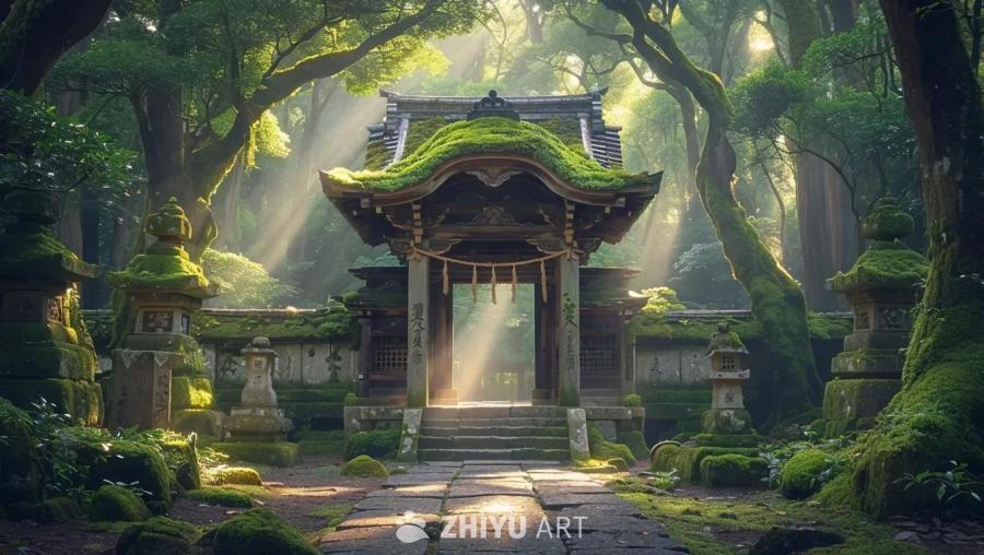 一座被遗忘的古老寺庙位于一片神秘的日本森林中，四周