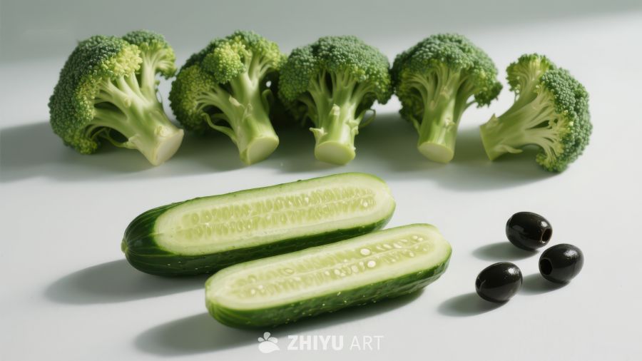 新鲜蔬菜组合：西兰花、黄瓜与黑橄榄