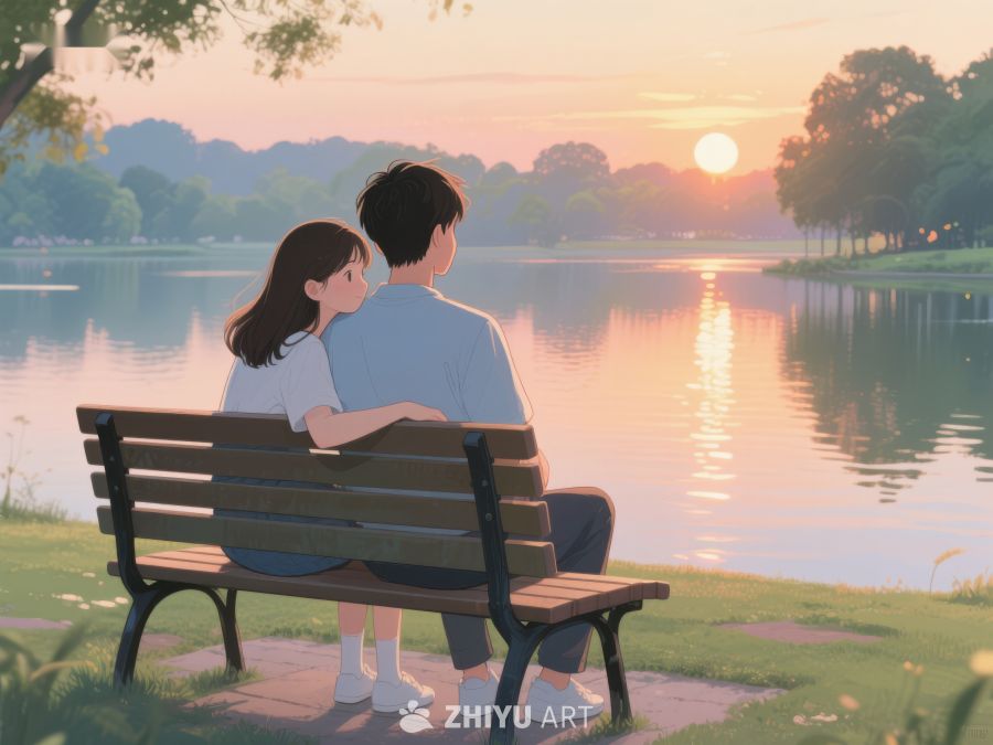 湖畔黄昏，情侣共赏夕阳 285