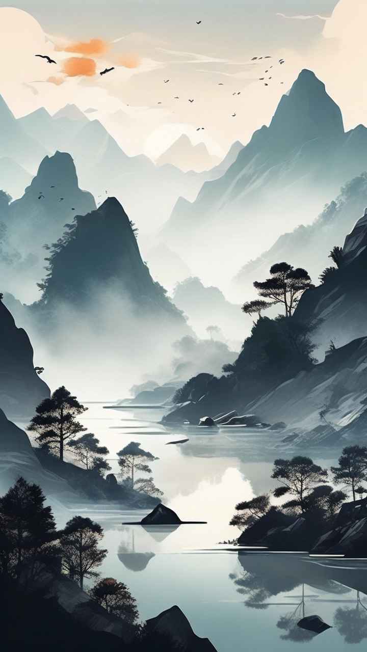 国风水彩画山水风景插画 77