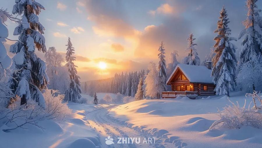 画面中展现了一片冬日雪景，树木上覆盖着厚厚的积雪。