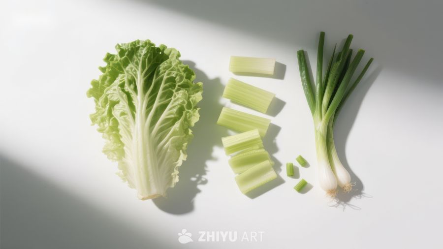 新鲜蔬菜：生菜、芹菜与葱的组合