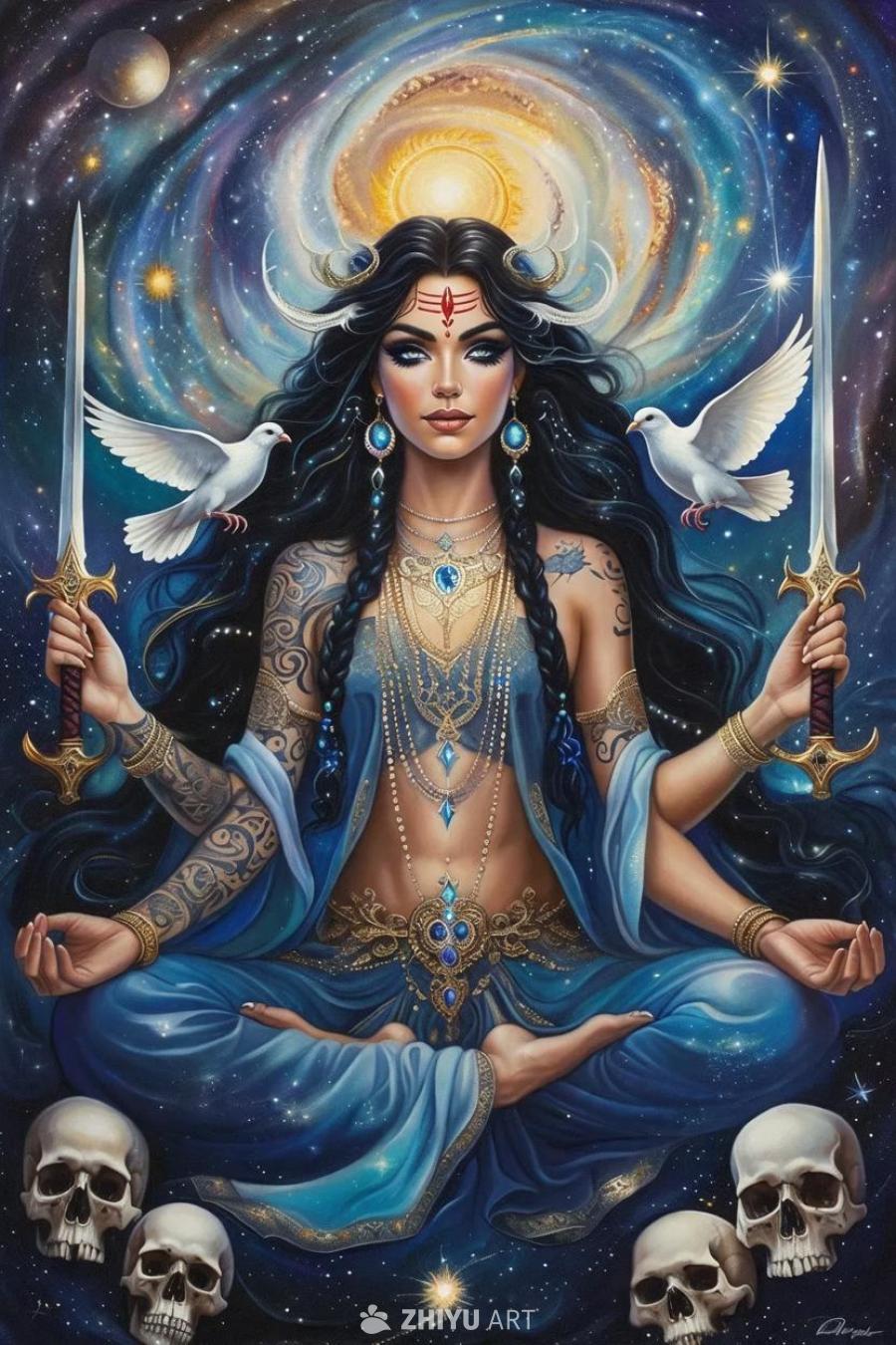 一位拥有四只手臂的女神盘腿坐着，背景是广阔的宇宙空