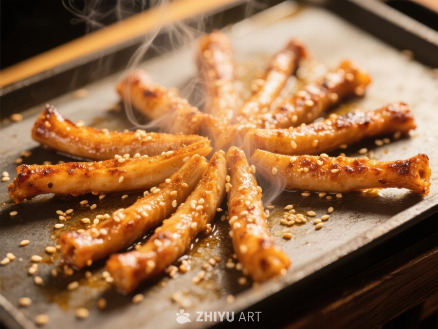 烤制鸡肉串，撒上芝麻
