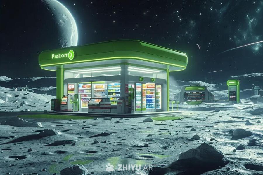 月球表面，伫立着一间现代便利店，整体呈亮绿色，在月