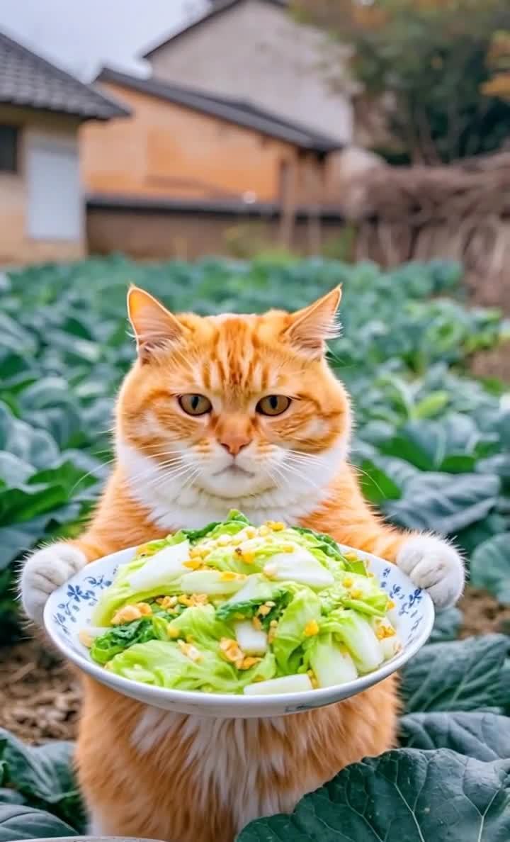 橘猫菜地献美食，蔬菜沙拉喜笑颜开！