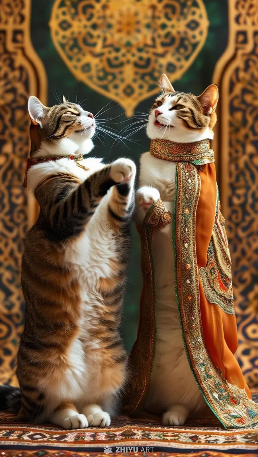 两只猫穿着阿拉伯服饰，一只棕白相间的猫举起爪子，另