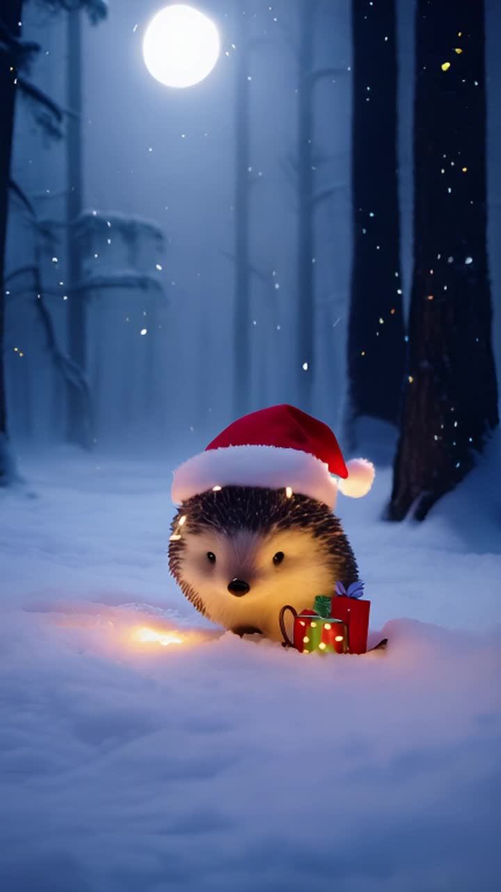 一个穿着圣诞老人服装的可爱刺猬站在雪地里，头上戴着