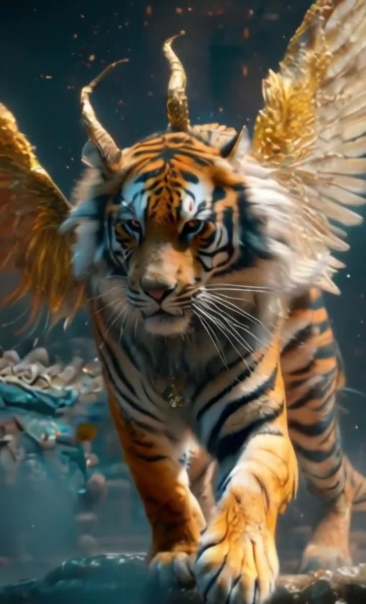金角金翼虎形神兽，华丽装饰与金色光点辉映。