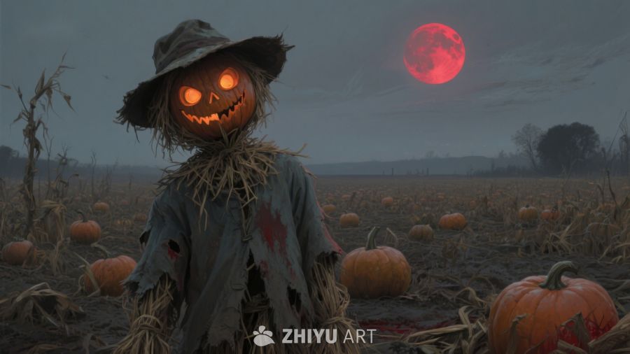 南瓜灯 scarecrow 在月光下的田野