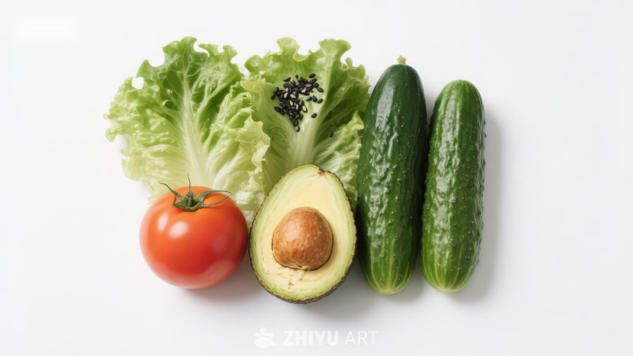 新鲜蔬菜组合：生菜、番茄、黄瓜和牛油果