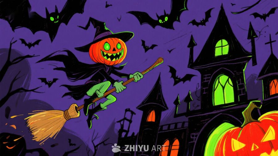 万圣夜南瓜巫师飞过幽灵城堡