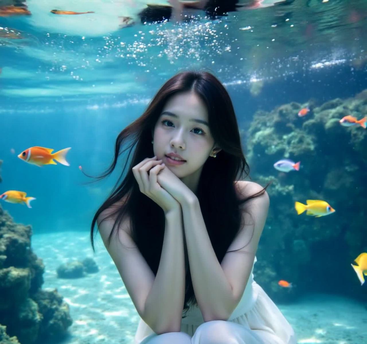 水下美人鱼般的少女与鱼共舞，唯美瞬间