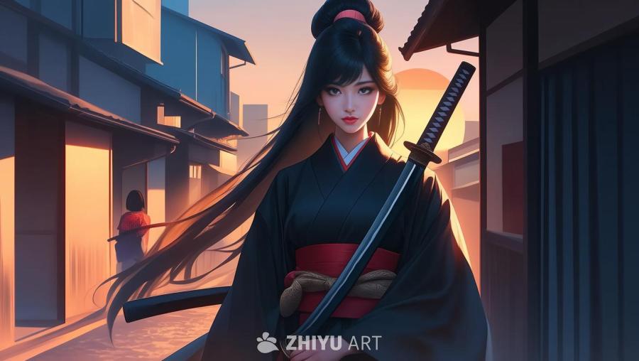 一名黑长发的女子站在街道上，手持武士刀。她身穿黑色