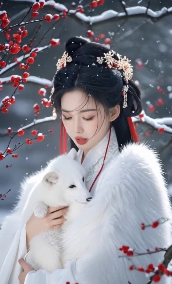 雪地女子怀抱白狐，红梅点缀，唯美古风意境