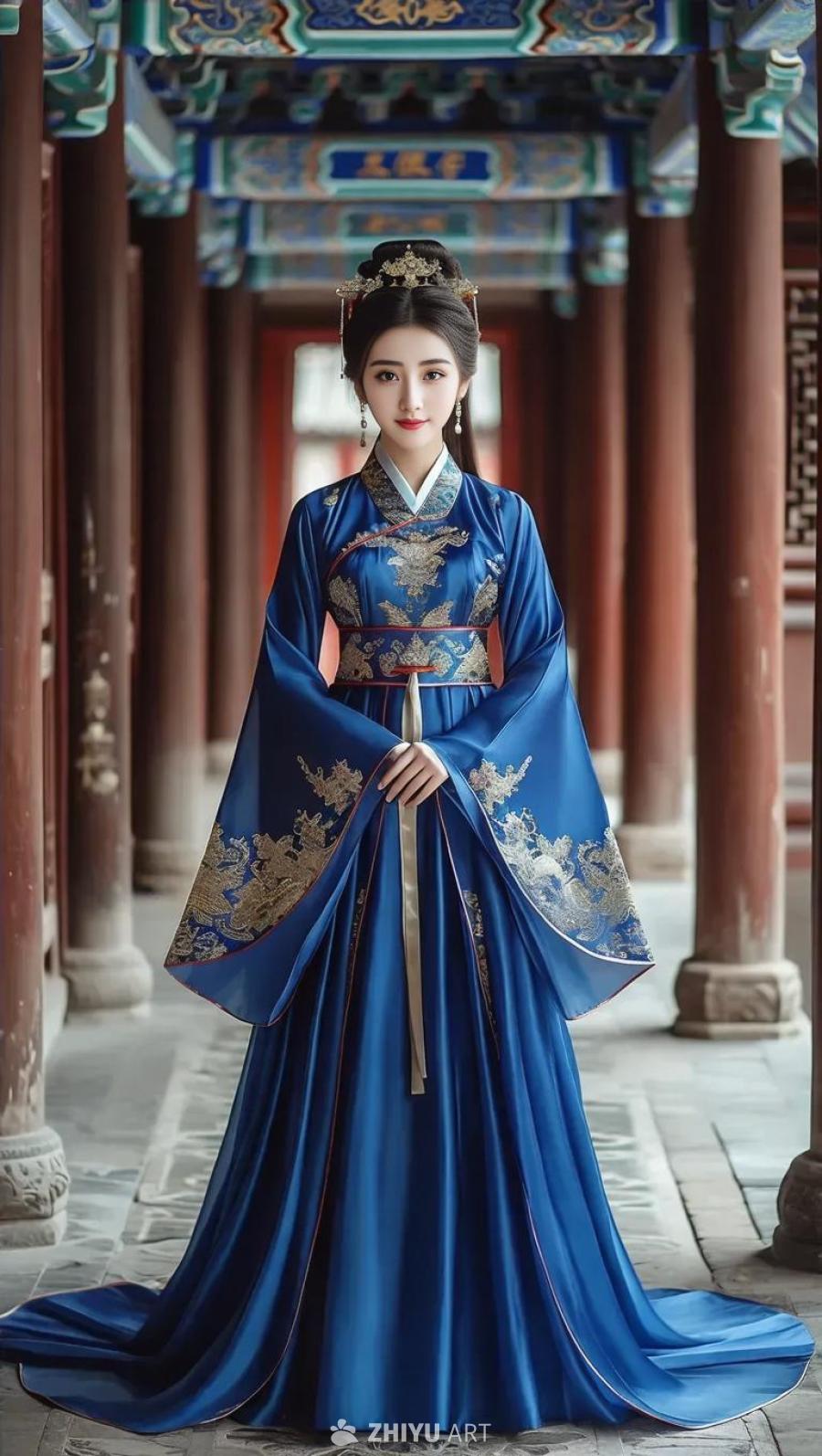 一个穿着蓝色汉服的女子站在走廊里。她佩戴着头饰，穿