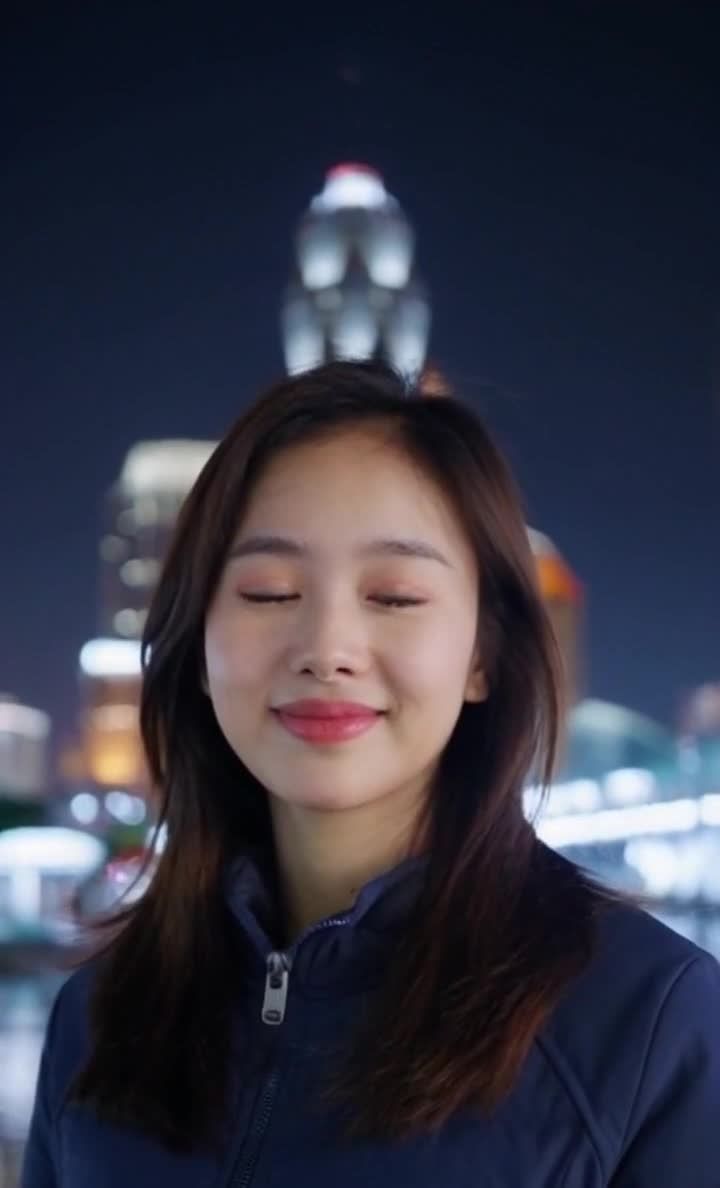 中国女孩微笑特写及科幻背景