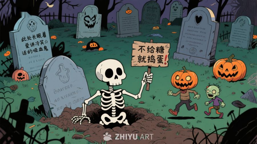 万圣节墓地骷髅与南瓜灯