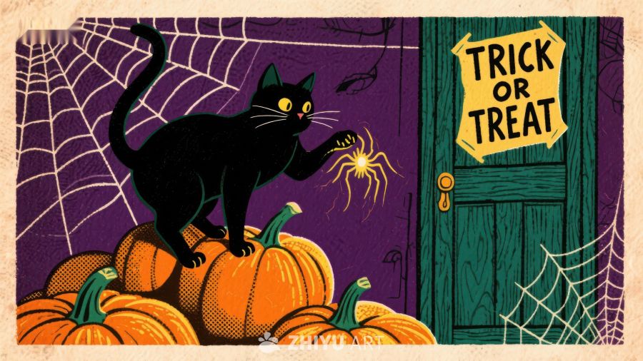 黑猫南瓜门前，万圣节氛围浓厚