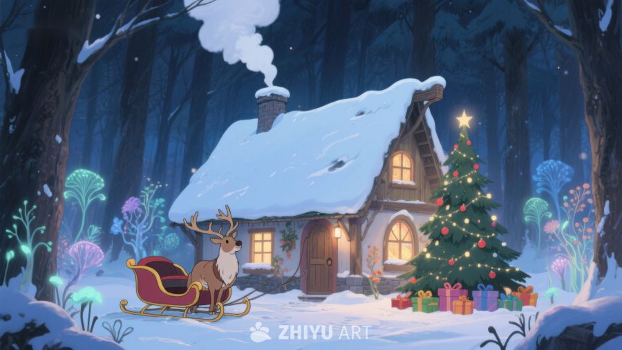 雪夜森林中的圣诞小屋 400