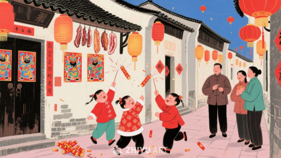 春节喜庆场景：孩童放鞭炮，家人欢聚 134