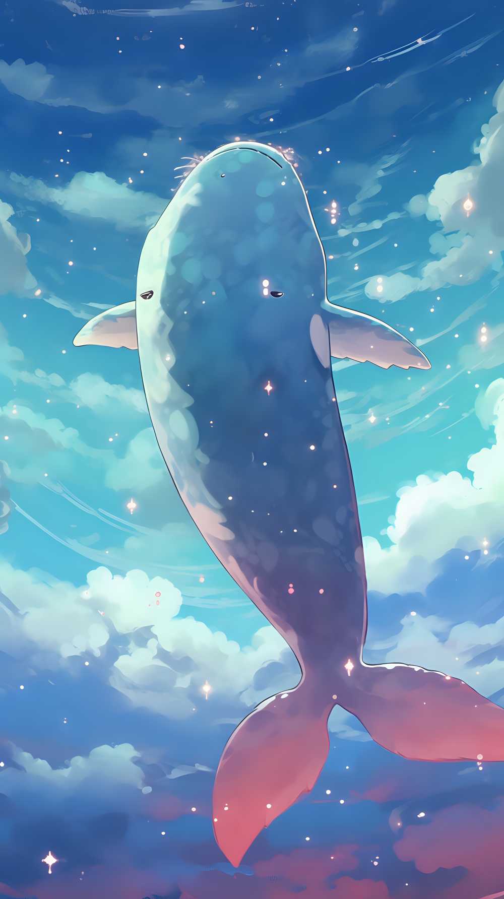 蓝鲸与云和白星，工笔画风格