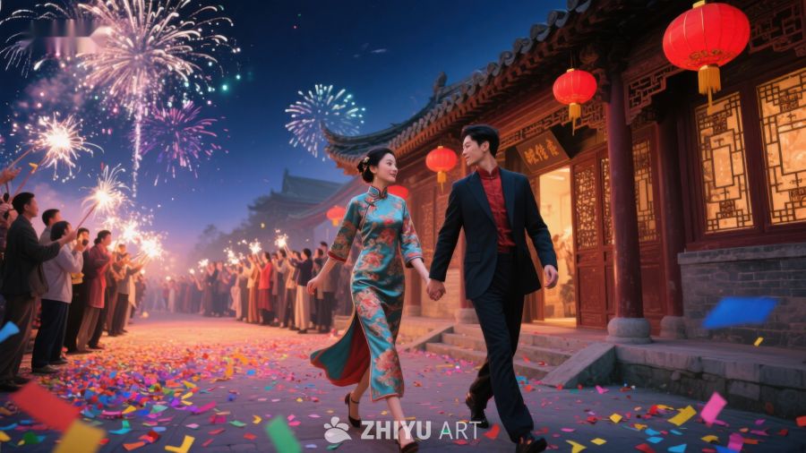 烟花绽放下的传统节日庆典 1174