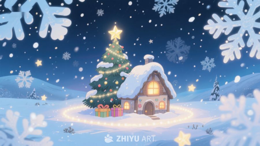 雪夜中的温馨小屋与圣诞树 464