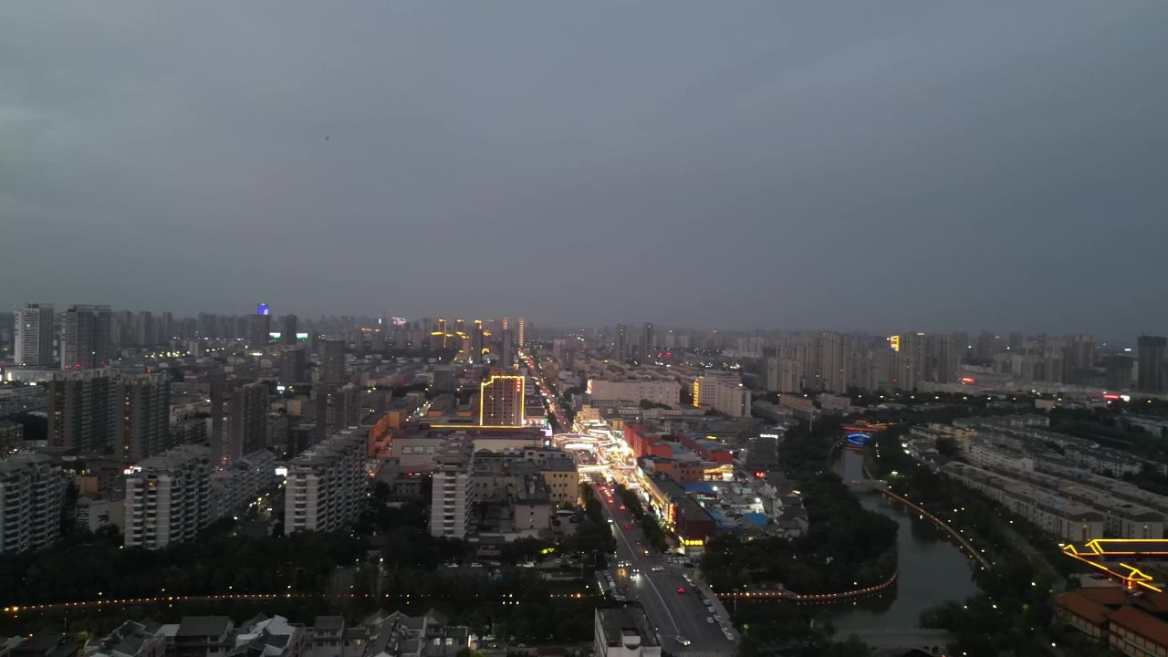  航拍山东聊城城市傍晚灯光