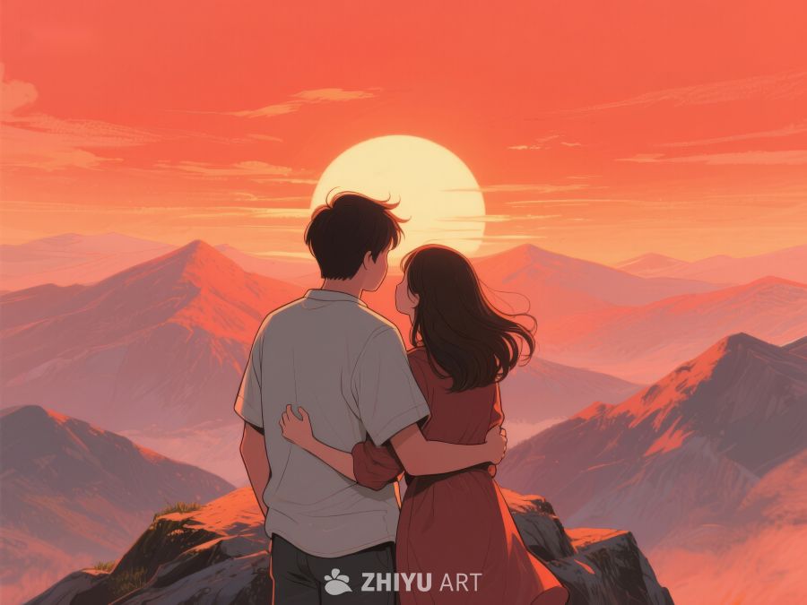 山巅情侣共赏夕阳美景 624