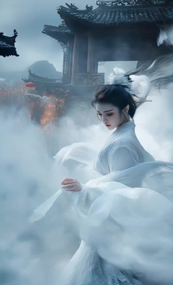 一位身穿白色长袍的女子站在薄雾之中，她的头饰上装饰