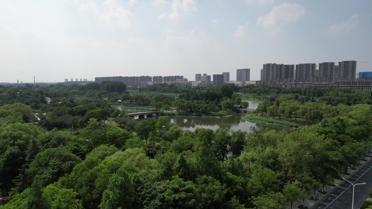 江苏宿迁城市风光绿化植物公园古运河航拍 