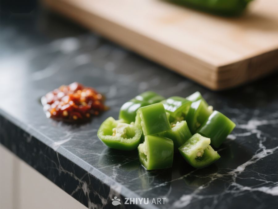 切片青椒与辣椒碎置于大理石台面 332