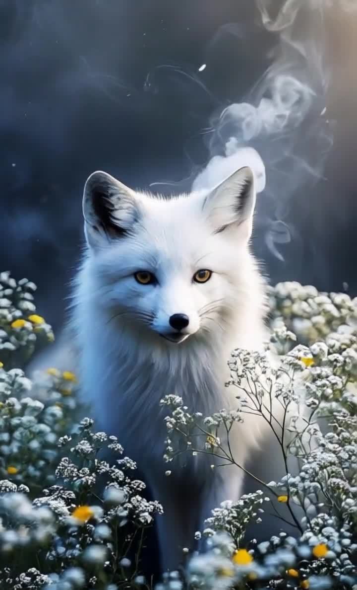 白狐静卧花丛，金瞳凝视，烟雾缭绕。