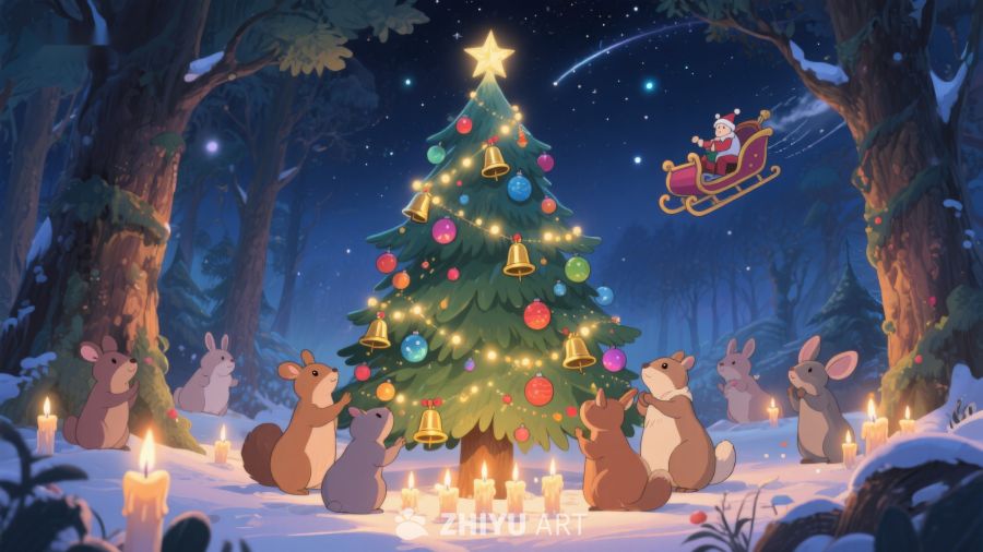 森林中的圣诞树与飞驰的雪橇 134