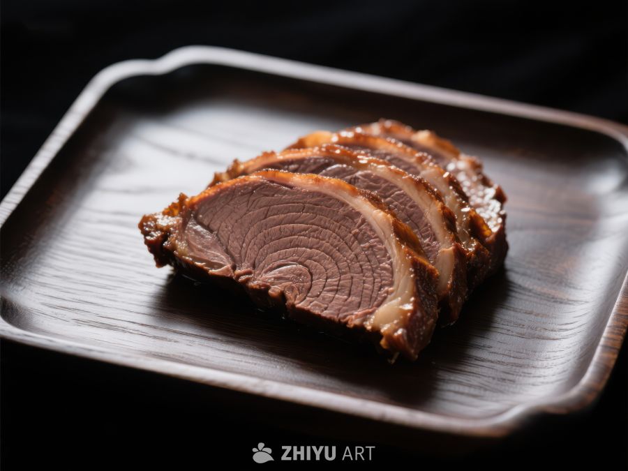 精致切片肉食，置于深色木质盘中 533