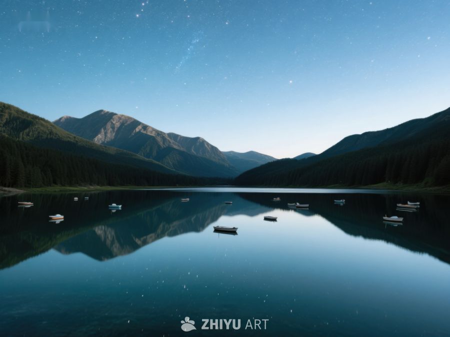 夜幕下的宁静湖面与群山倒影 443