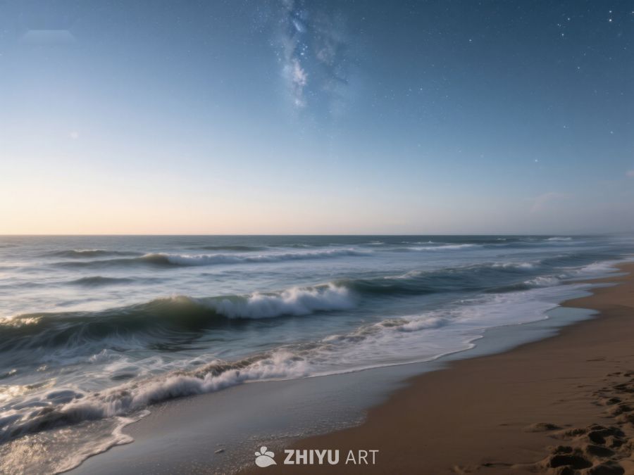 宁静海滩夜景，波浪轻拍沙滩 54