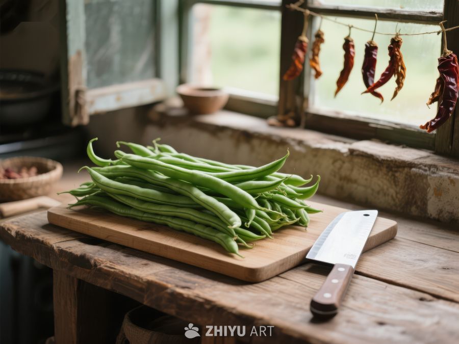 新鲜四季豆与干辣椒的厨房一角 513