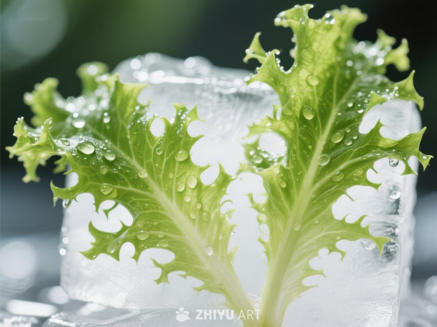 冰块上的新鲜生菜叶 12