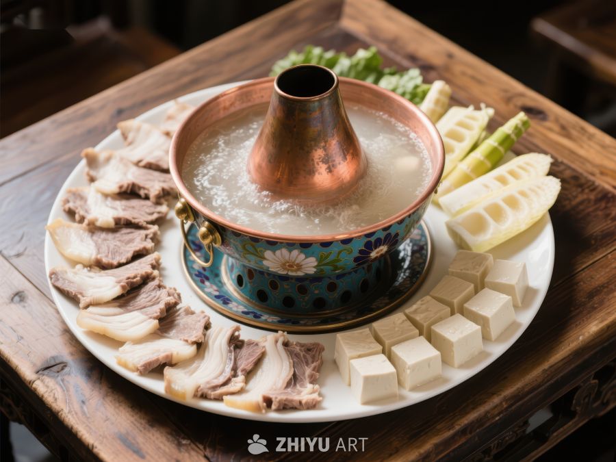 铜锅涮肉与配菜的美食组合 741