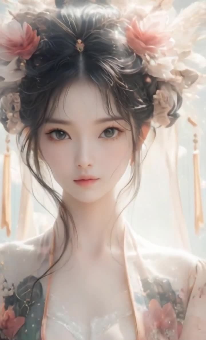 花饰头饰白衣女子浅棕眼眸淡妆肖像