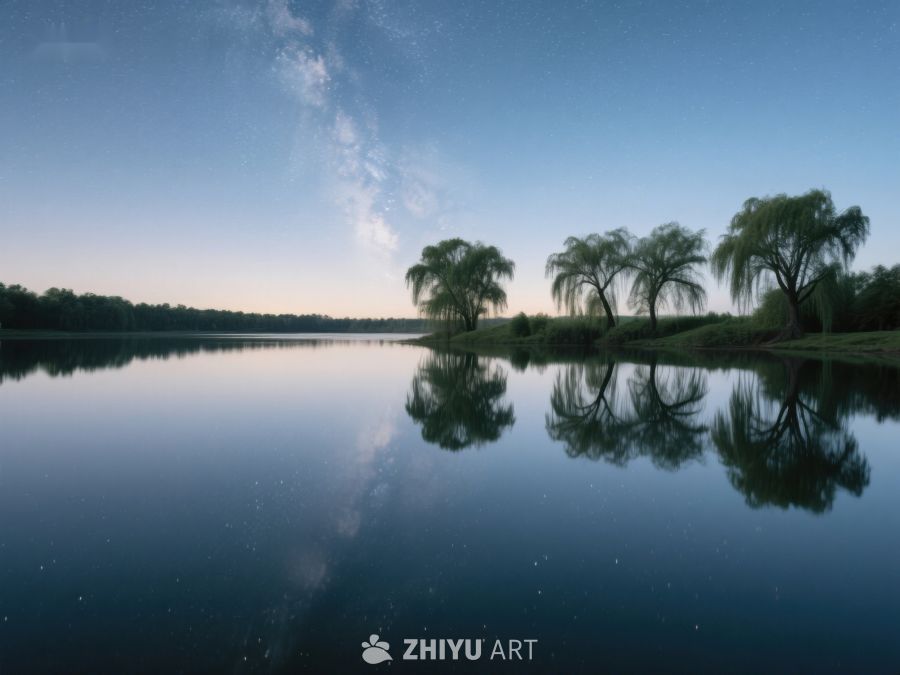 湖畔柳树倒影夜景 30
