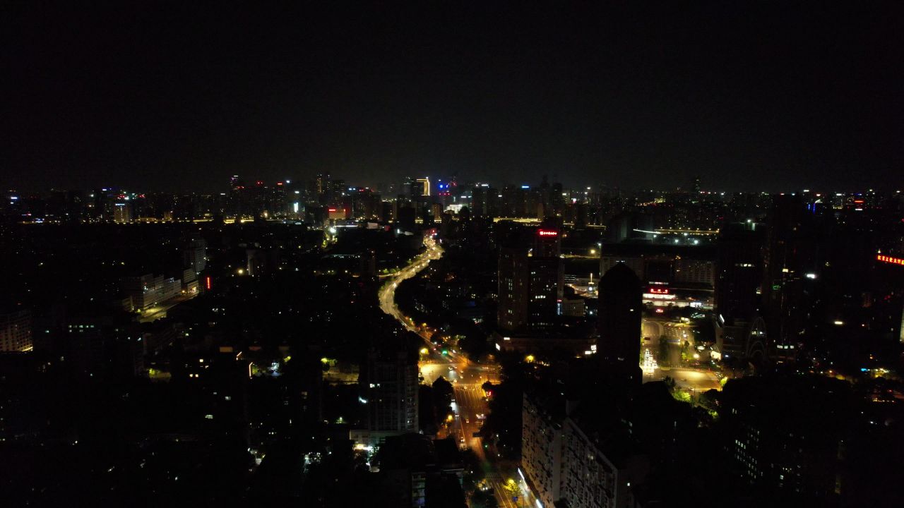 浙江杭州城市夜景灯光交通车两行驶航拍 
