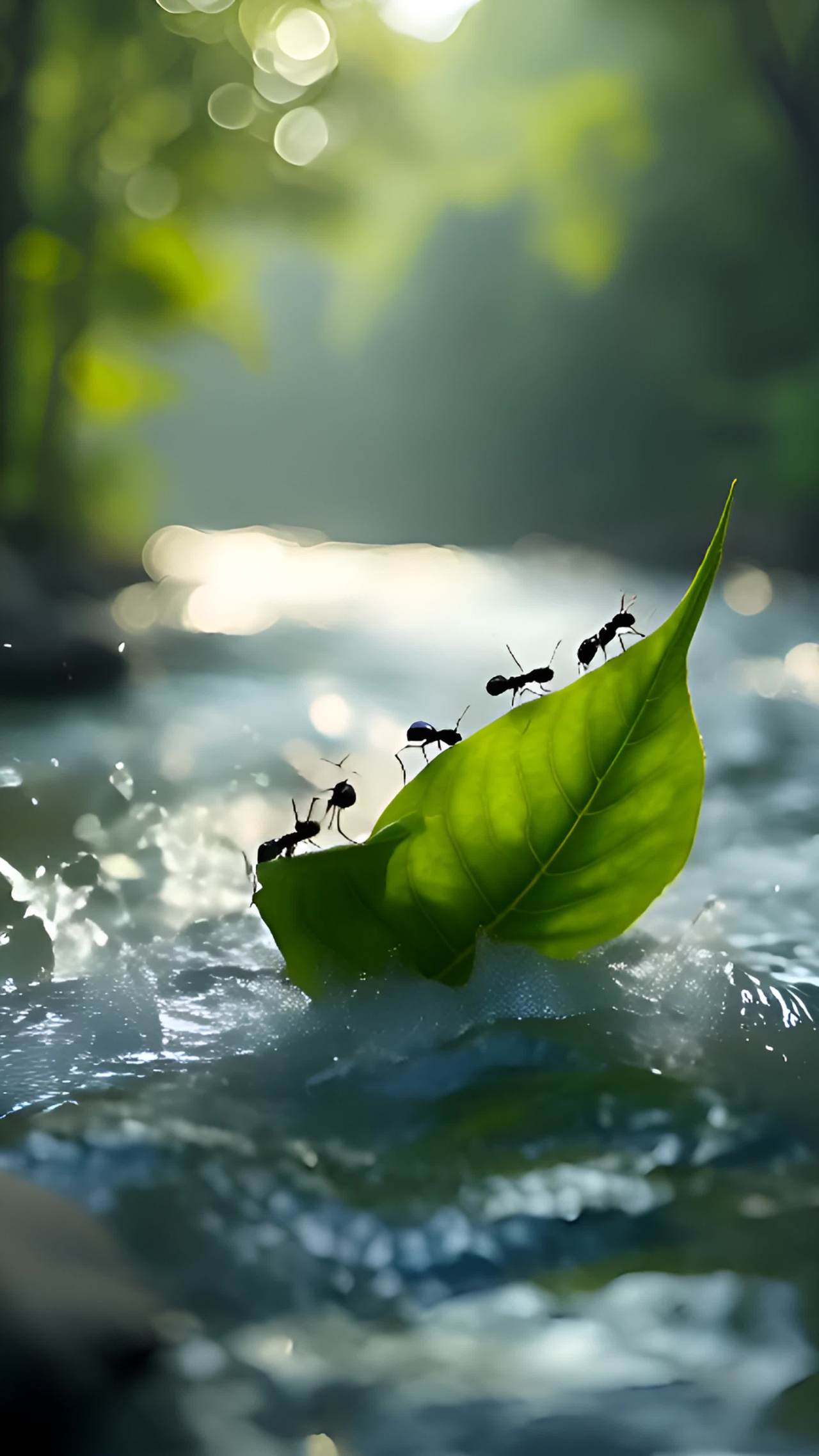 四只蚂蚁站在一片绿叶上，绿叶漂浮在水面上，水面有水