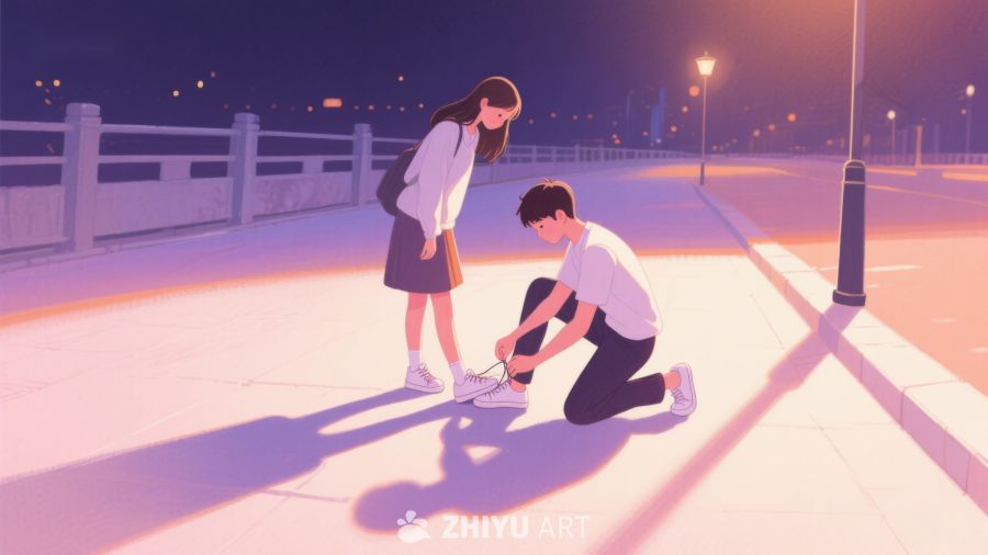 夜晚街头，男孩为女孩系鞋带 592