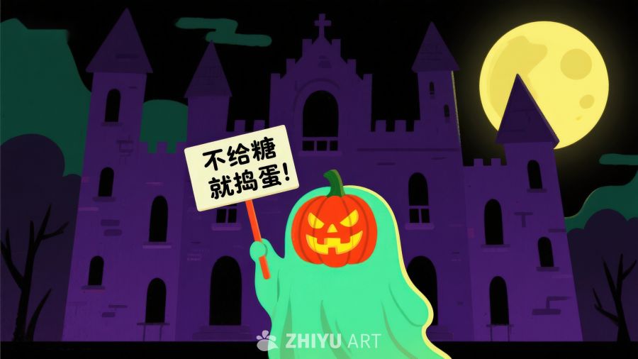 万圣节南瓜幽灵手持标语前的古堡夜景