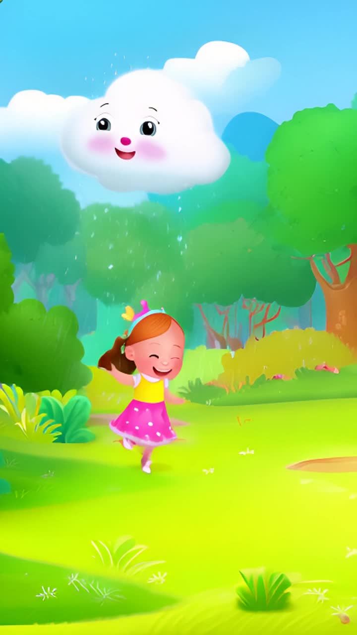 森林里有一朵可爱的白云，它微笑着洒下小雨滴。一个小